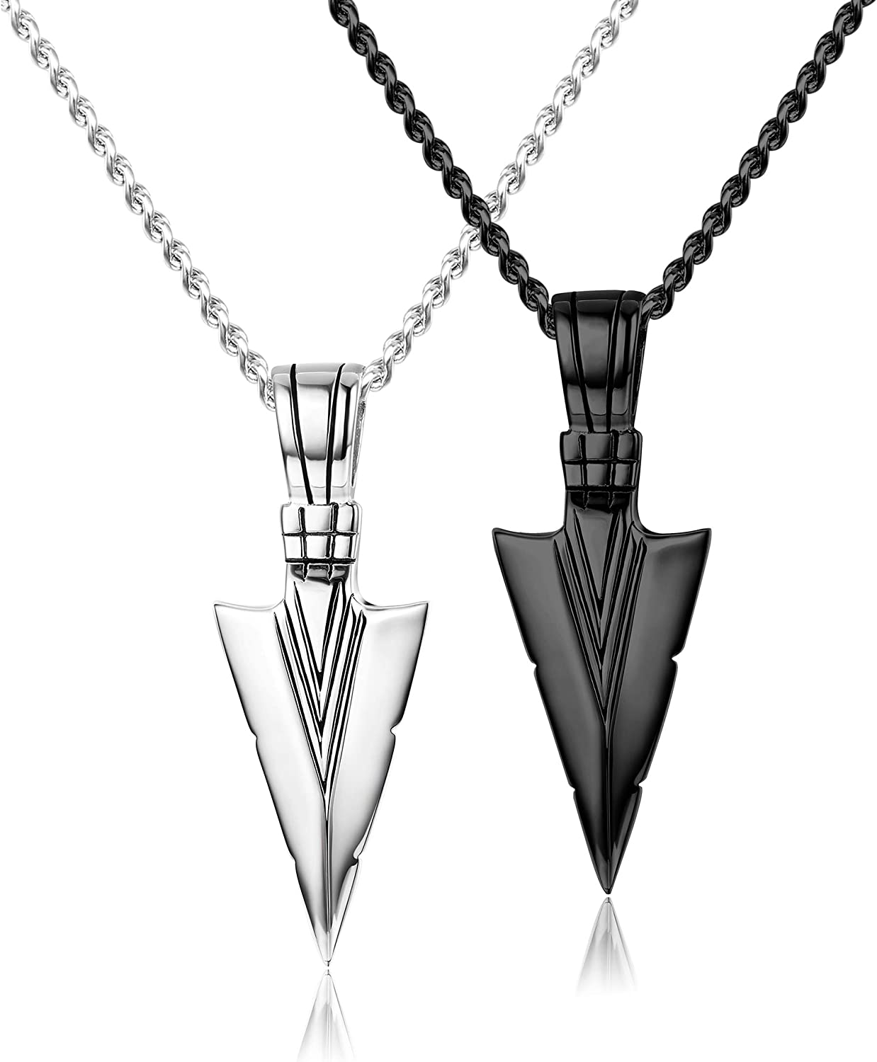 Jstyle Stainless Steel Pendant Necklace For Mens Cool Spearpoint Arrowhead Pendant Chain Necklace Set Black & Silver Ton